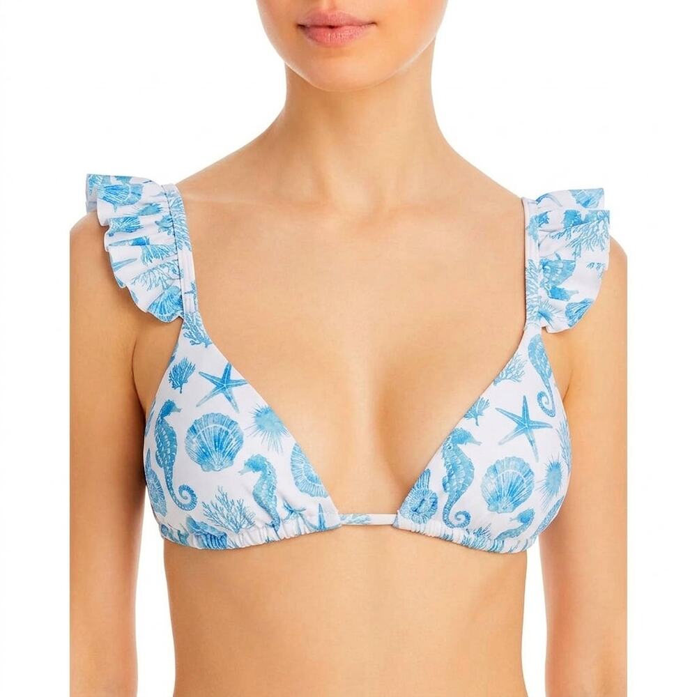 Aqua Bikini Top Swimwear Ruffled Strap Tie Back White Blue Sea Life Small
